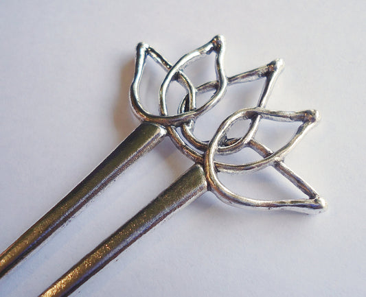 Lotus Flower Hair Fork, Double Hair Stick, Silver Metal, 5.75" Long