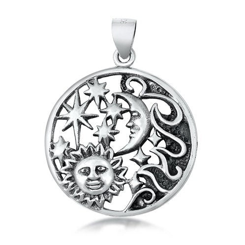 Sterling Silver Earth Elements Pendant, 1 inch Wide (26mm), Sun Moon Stars Wind Sky