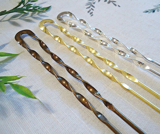 Hair Pin, Double Hair Stick, Twisted Metal U-pin, Silver, Gold, Antique Bronze, 5.75" Long