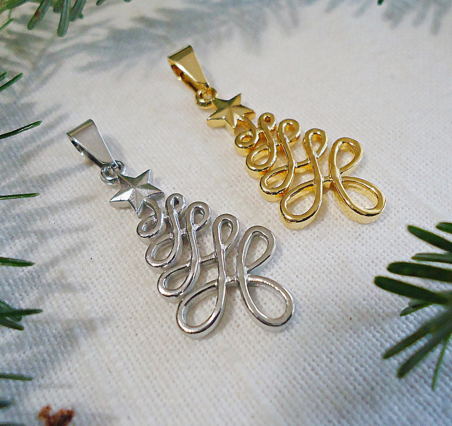 Christmas Tree Pendant, Stainless Steel, Gold or Silver, Non-Tarnishing Hypoallergenic Christmas Tree with Star Pendant, 1.25" Tall