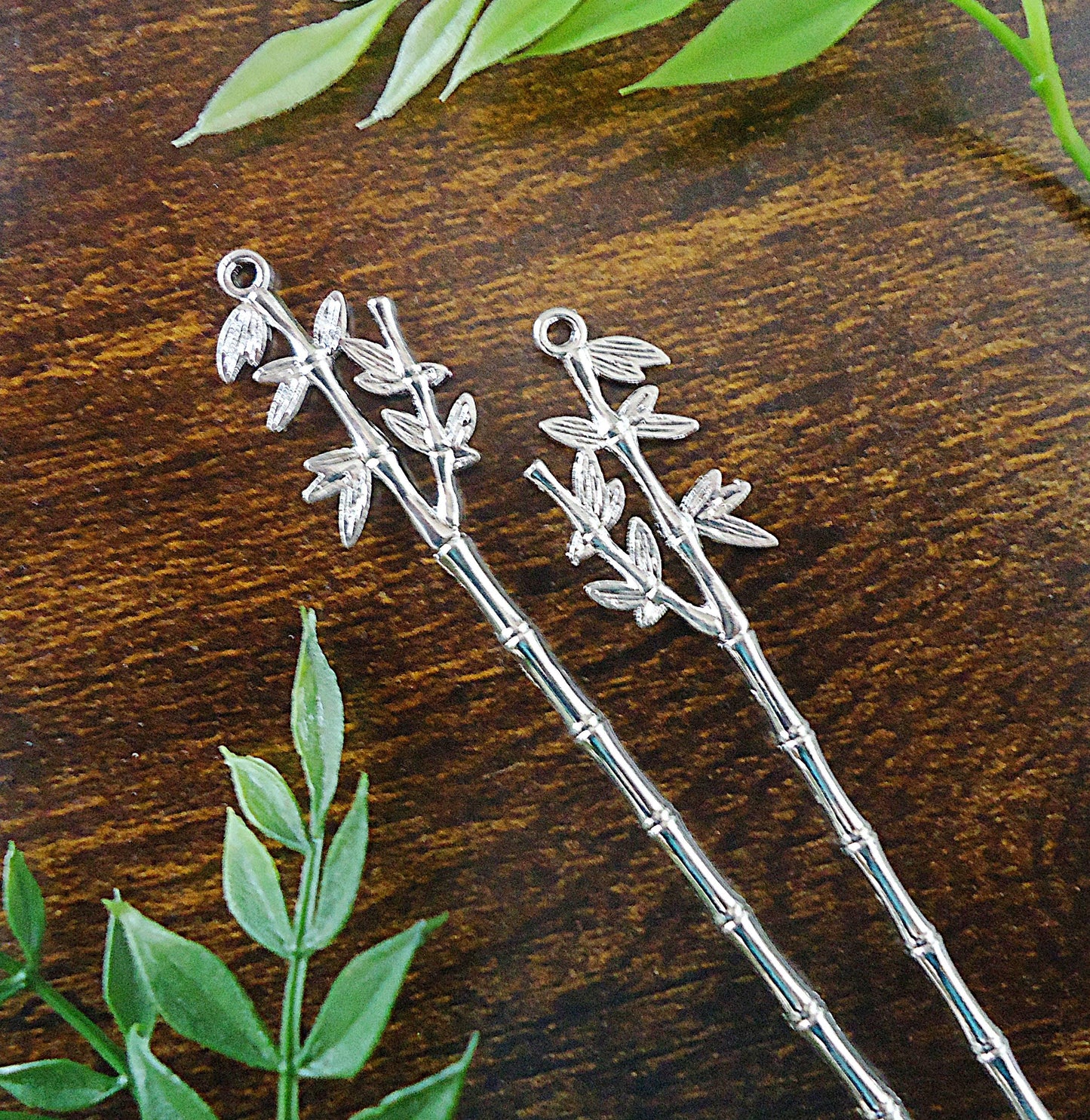 Bamboo Stem and Leaves Metal Hair Stick Blanks, 5.5 Inches Long, Bright Silver or Gold, Loop on Top for adding embellishments