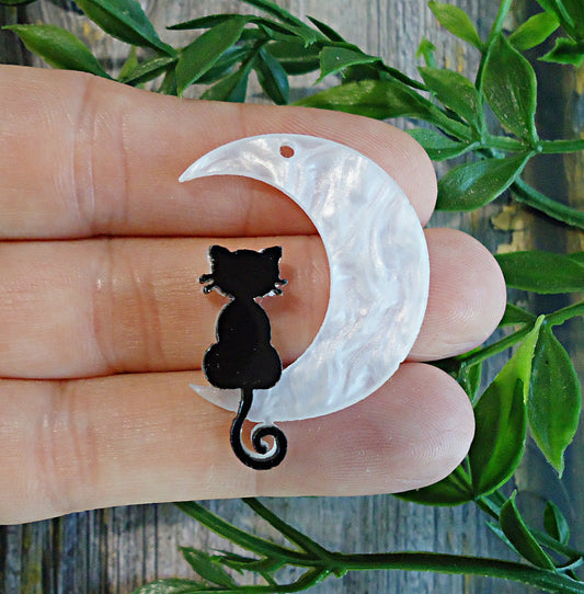 Black Cat in the Moon, Imitation Mother of Pearl, Pendant Charm, Acrylic, 1.5" Tall