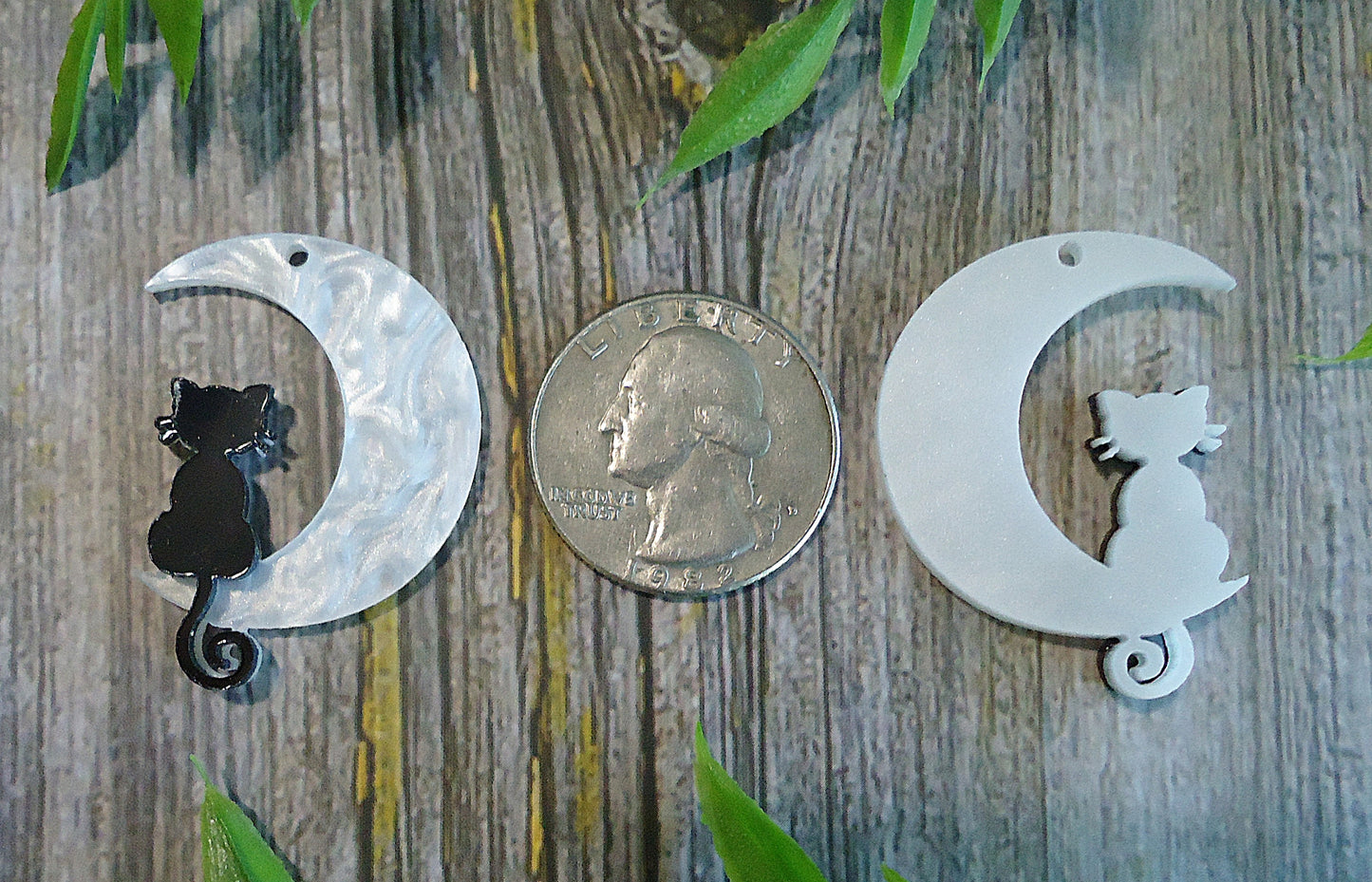 Black Cat in the Moon, Imitation Mother of Pearl, Pendant Charm, Acrylic, 1.5" Tall