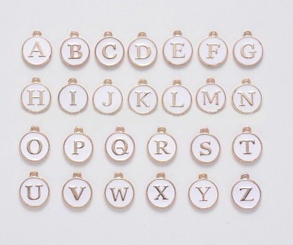 Enameled Alphabet Charms / Pendants, White and Gold, 26 Piece Set, 12mm Wide