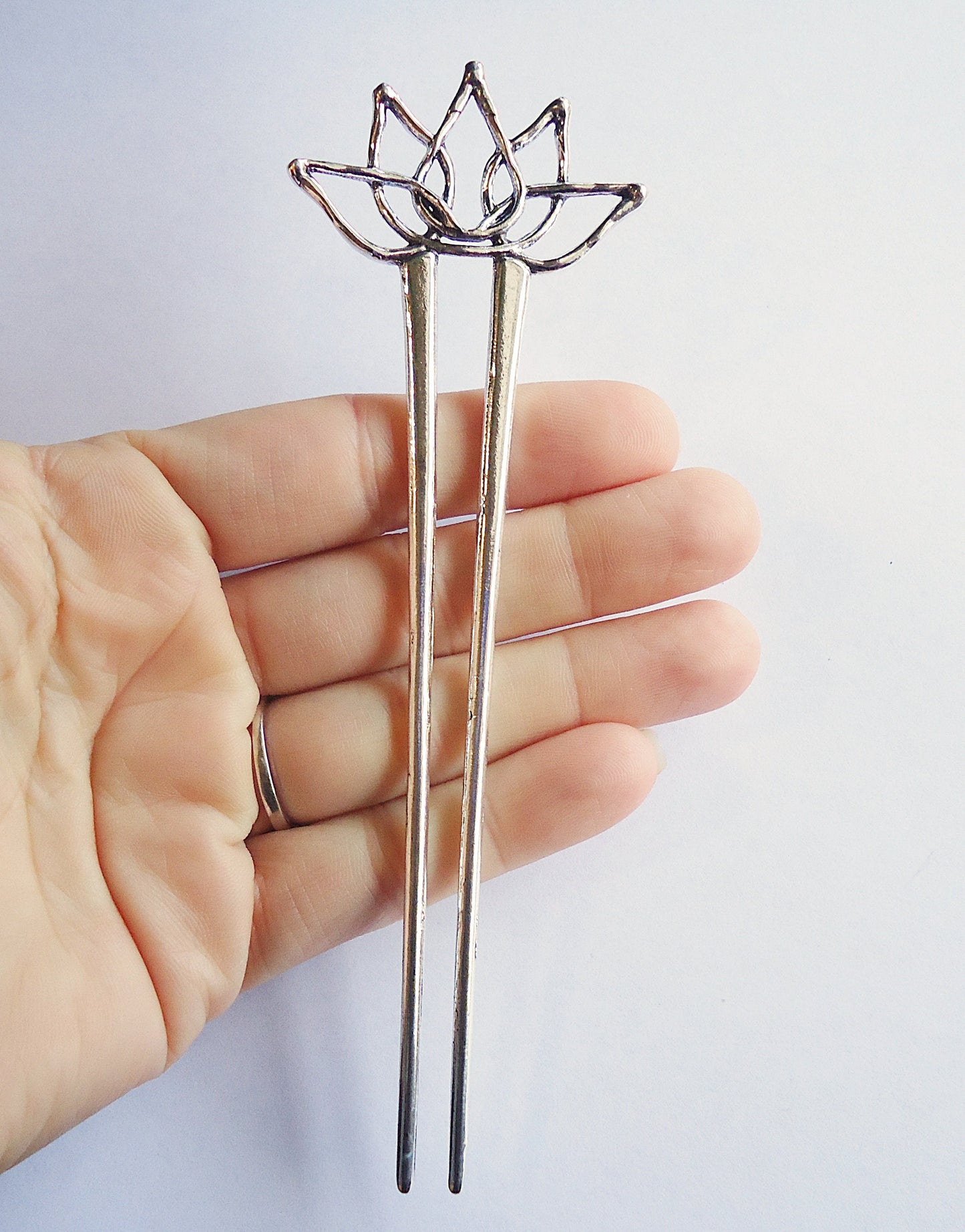 Lotus Flower Hair Fork, Double Hair Stick, Silver Metal, 5.75" Long