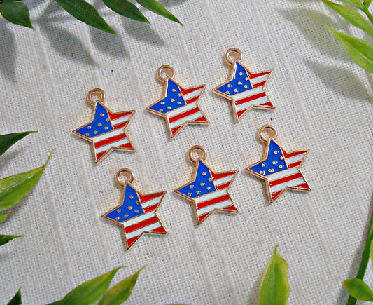 American Flag Star Charms, Enameled Red White Blue, Gold Plated, 5/8" Wide, Set of 10