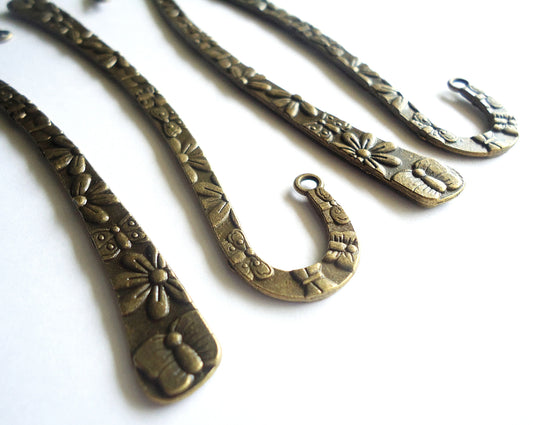 Butterflies and Flowers, Textured Metal Bookmarks, Antique Bronze, Double Sided, 4 7/8" Long