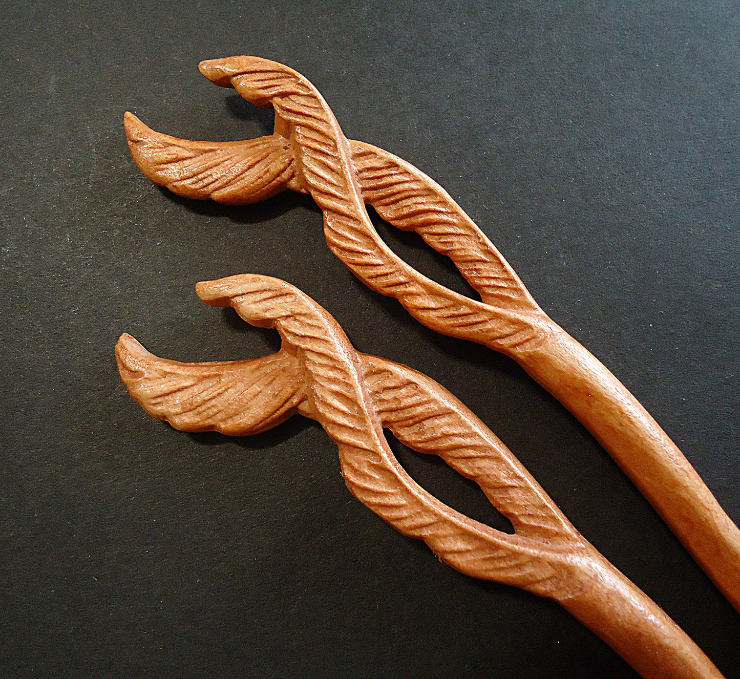 Seven Inch Sturdy Wooden Hair Sticks, Carved, Leaves, Flowers, Celtic Knots, Calla Lilies, Light Color Wood