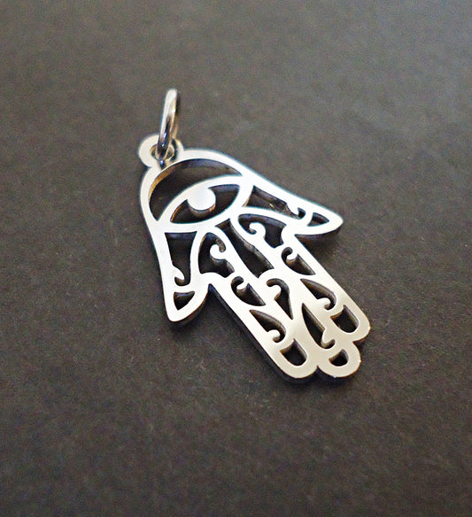 Small Stainless Steel Hamsa Pendant Charm, Fatima, Hand of God, 21mm Tall x 17mm Wide, Silver