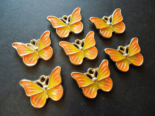 Butterfly Charms / Pendants, Orange Yellow and Gold, Enameled, 20mm x 15mm