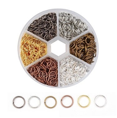 Jump Rings, 8mm, Mixed Colors w/Round Storage Box, Silver, Gold, Bronze, Steel, Copper, Gunmetal, 900 Total Rings