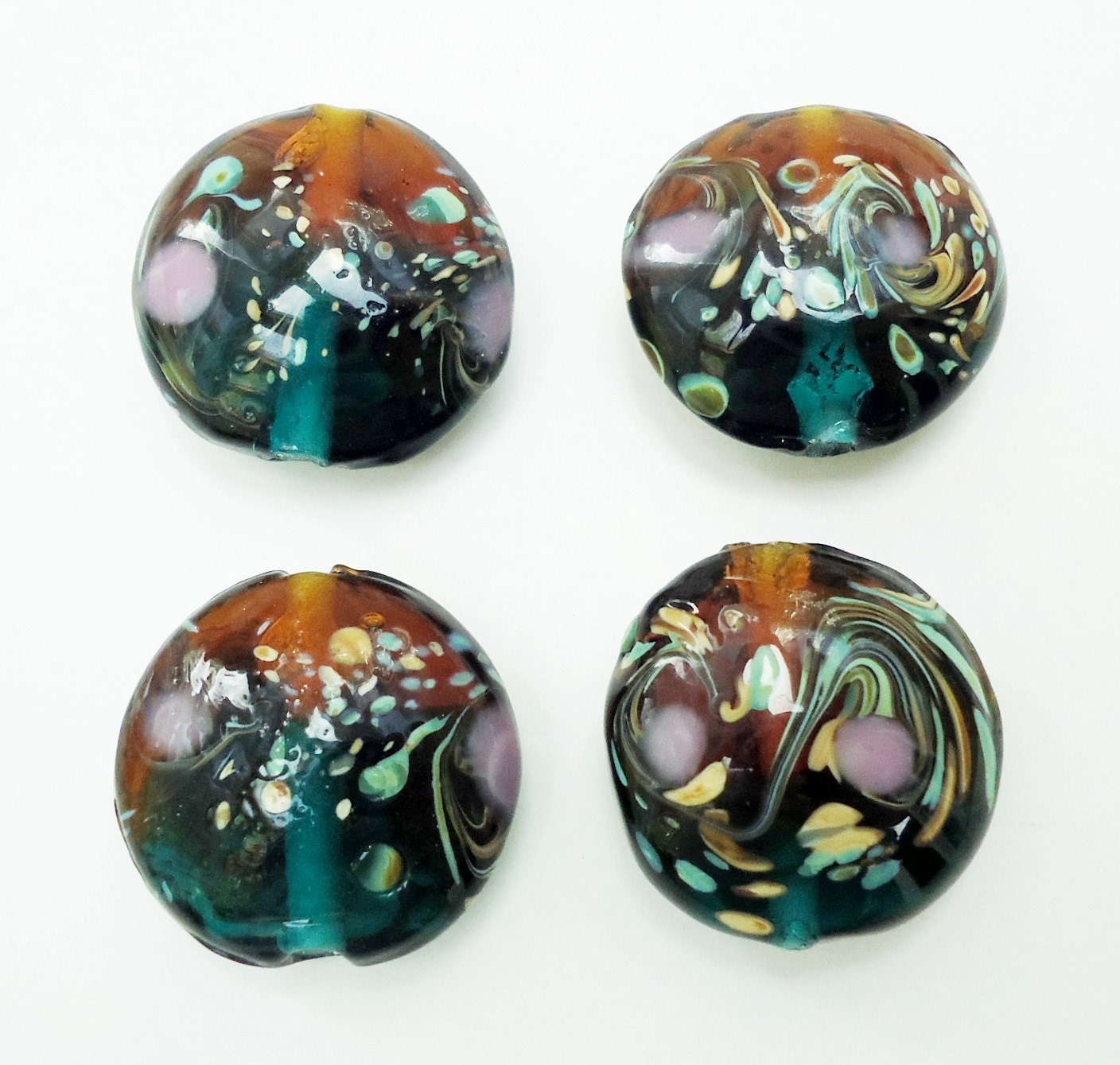 Lampworked Glass Beads - Transparent Blue, Green, and Brown with Purple Swirls - 22mm, Set of 2