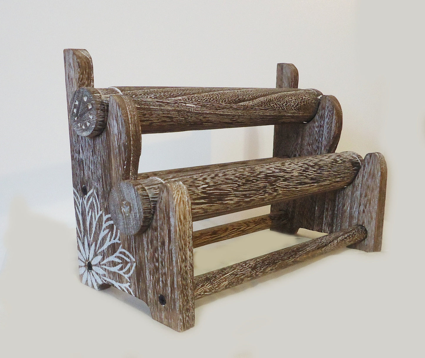 2 Tier Wooden Bracelet Display / Organizer, Natural, Brown, Weathered Brown, White Removable Bars, Plain or Hand-Painted Mandala or Flower