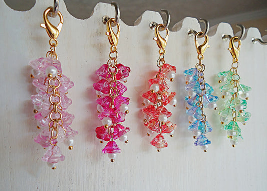 Glass Flower Bag Charm, Magenta, Blue, Green, Red, or Pink