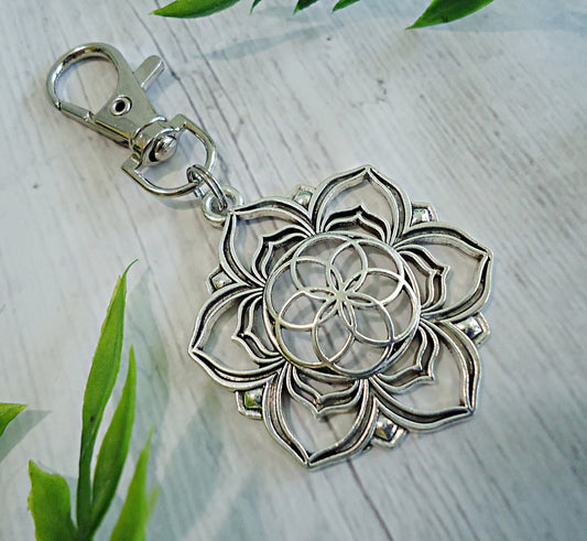 Large Silver Lotus Flower Bag Charm