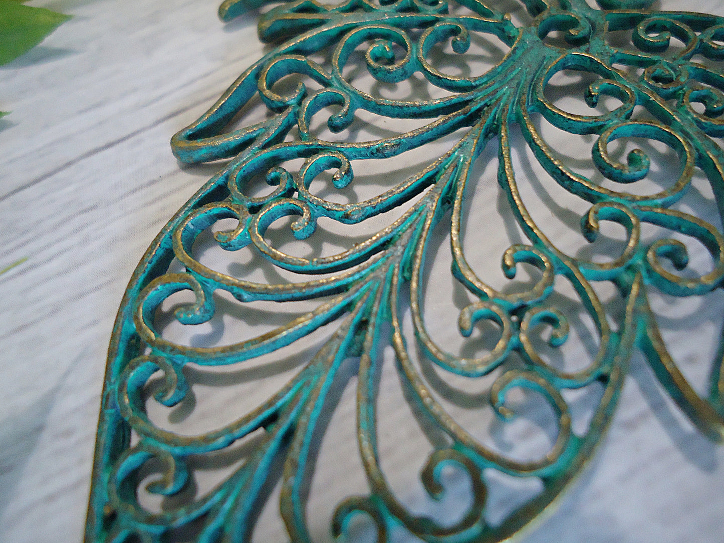 Large Green Patina Leaf Bag Charm, Filigree Design, Aged Bronze