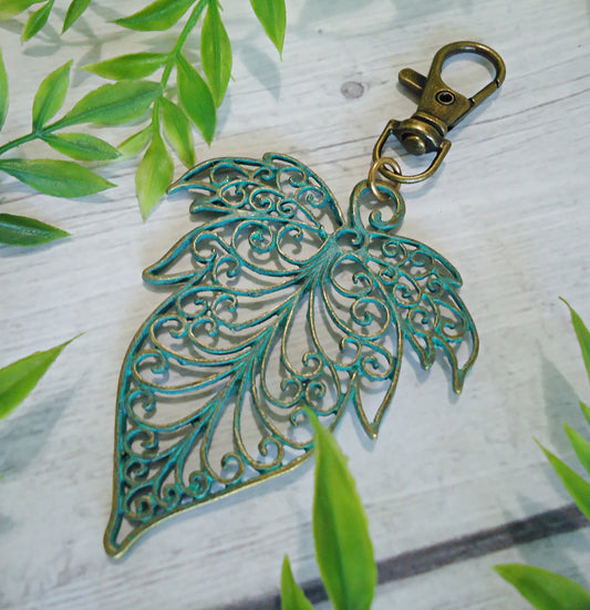Large Green Patina Leaf Bag Charm, Filigree Design, Aged Bronze