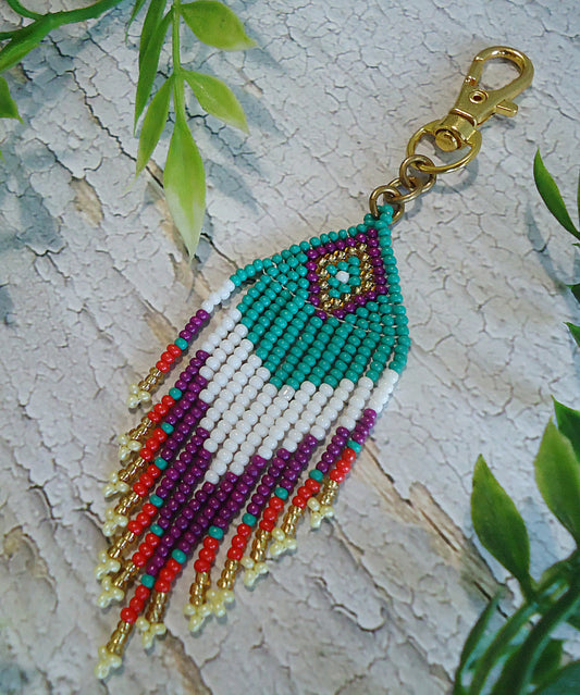 Seed Bead Tassel Bag Charm, Southwest Turquoise Purple Red White
