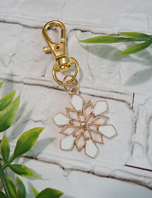White and Gold Snowflake Bag Charm, Keychain, Zipper Pull, Winter, Christmas