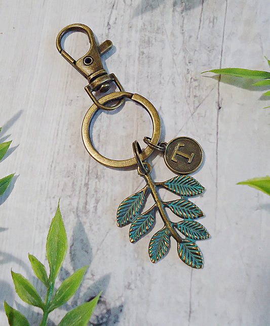 Bag Charm Keychain, Bronze Leaf with Green Patina, Optional Initial Charm, Bronze