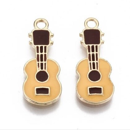 Guitar Pendant Charms, Enameled, Light Gold, 23mm Tall x 9mm Wide, Set of 10