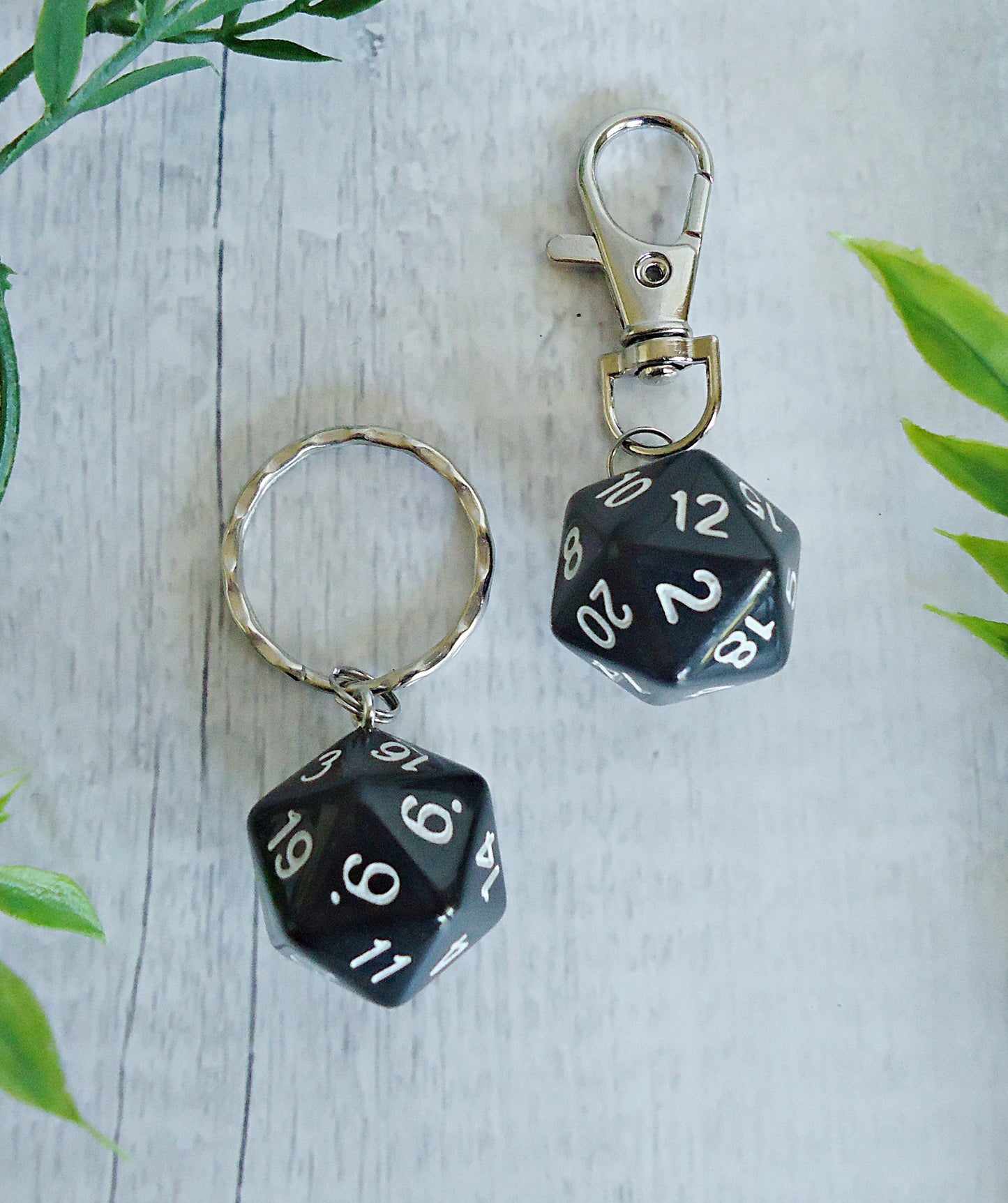 Black D20 Keychain or Bag Charm, 20 Sided Die