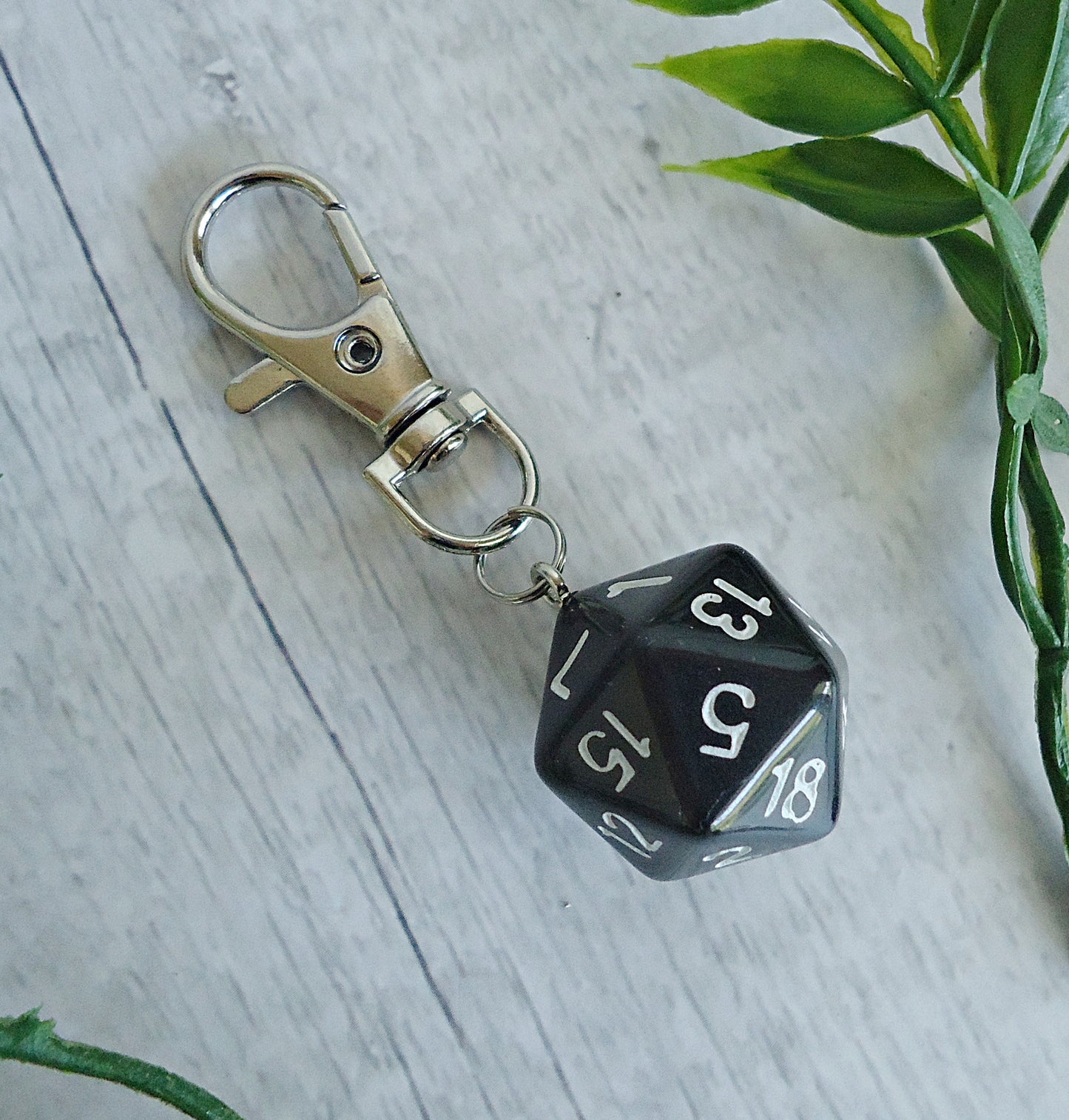Black D20 Keychain or Bag Charm, 20 Sided Die