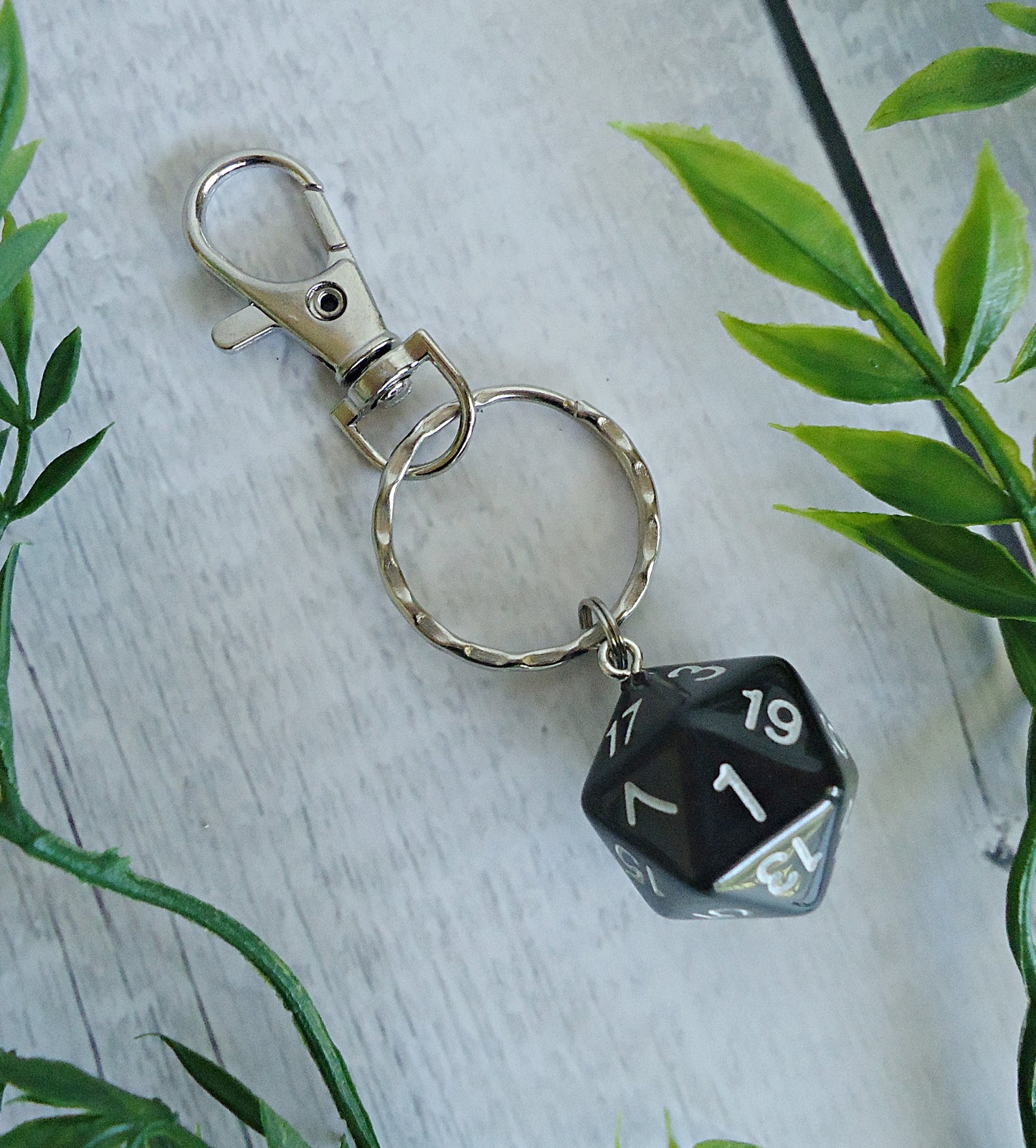 Black D20 Keychain or Bag Charm, 20 Sided Die