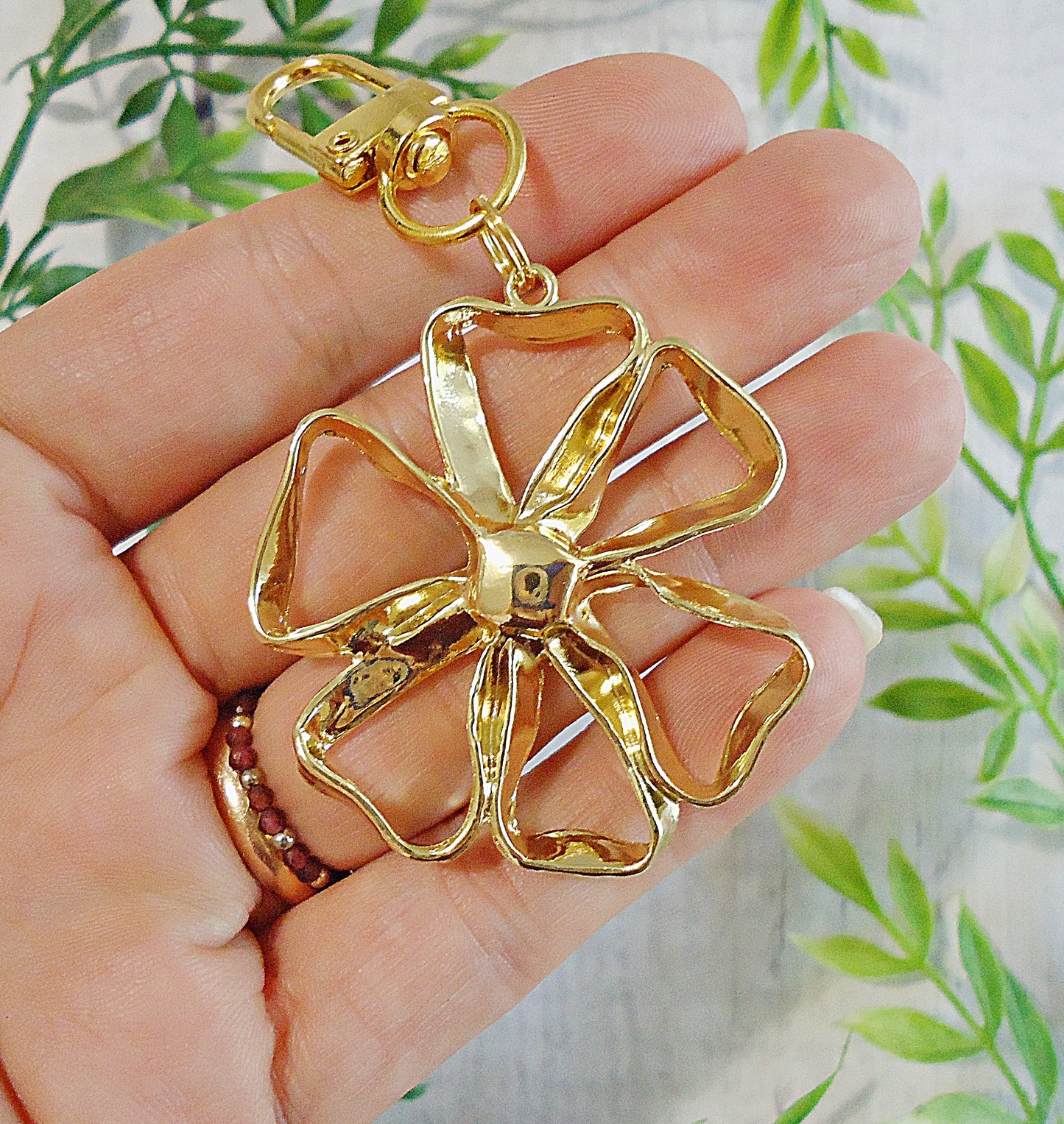 Large Gold Ribbon Flower Bag Charm