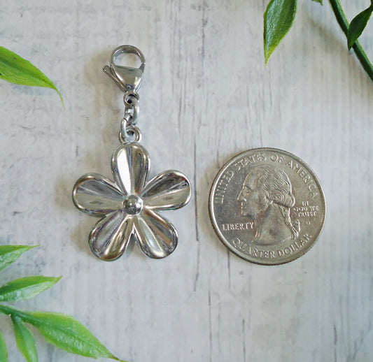 Silver Flower Bag Charm, Stainless Steel, Non-Tarnishing, 1" Flower, Minimalist