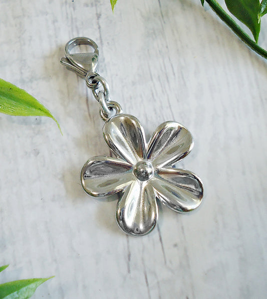 Silver Flower Bag Charm, Stainless Steel, Non-Tarnishing, 1" Flower, Minimalist