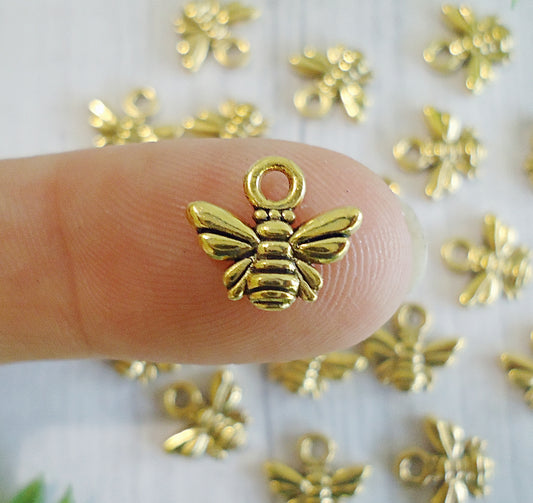 Tiny Golden Bee Charms, 10mm, Set of 10