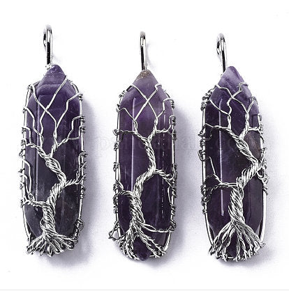 Amethyst Stone Crystal Pendant, Wire Wrapped Tree of Life, 2" Long
