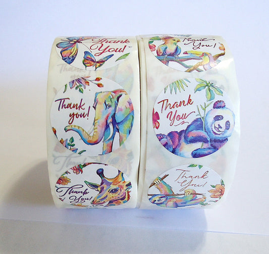 500 Thank You Stickers, 8 Colorful Animals, 1 inch Wide, Packaging, Labels, Sloth, Panda, Giraffe, Butterfly, Llama, Elephant, Bird, Pug,