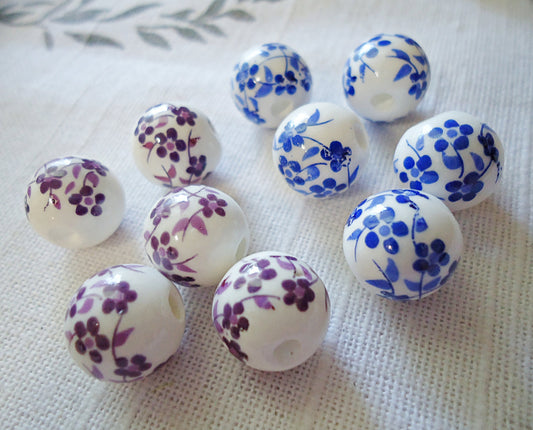 Porcelain Beads - 12mm Round - White Beads with Purple or Blue Flowers