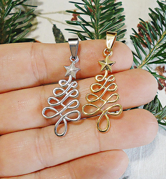 Christmas Tree Pendant, Stainless Steel, Gold or Silver, Non-Tarnishing Hypoallergenic Christmas Tree with Star Pendant, 1.25" Tall