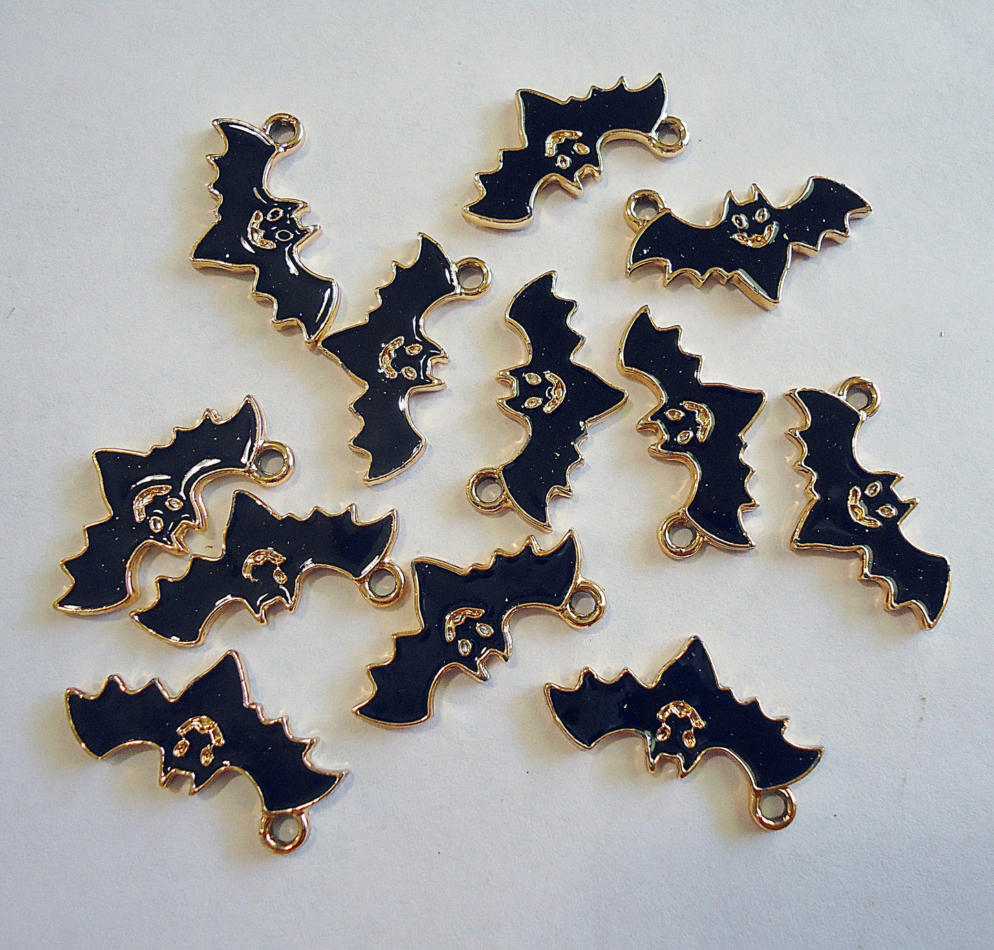 Small Black Bat Charms, Black Enamel and Gold Plating, Set of 10