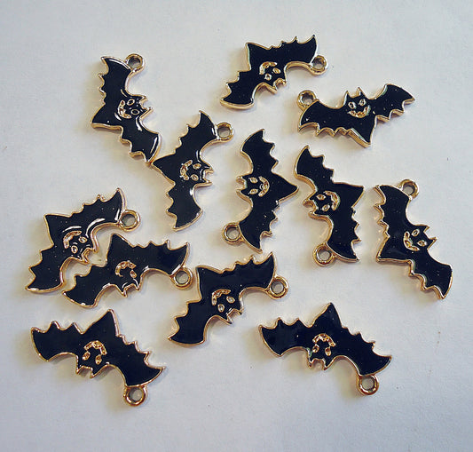 Small Black Bat Charms, Black Enamel and Gold Plating, Set of 10