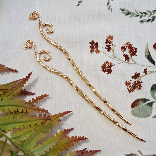 Hammered Metal Hair Sticks with Large Swirls and Loop - Rose Gold - 7" Long