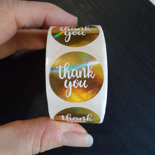 Stickers, 'Thank You', Metallic Gold and White, 1 inch Wide, Packaging, Labels, Bulk quantities