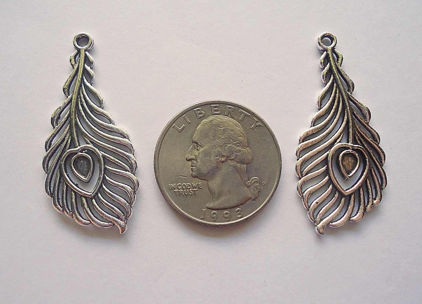 Peacock Feather Pendants / Charms - Antique Silver - Set of 8 - Metal 1.5" x .75"