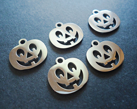 Small Stainless Steel Jack-o-Lantern Pumpkin Charms - Halloween Charms - 12mm x 12mm - Sets of 10