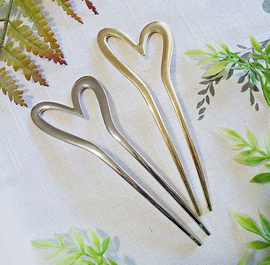 Metal Hair Stick, Double Hair Stick, Bun Holder, Heart, Simple, Hair Fork, Gold and Silver, 5.25" Long