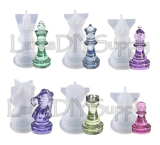 Silicone Mold Chess Pieces, 6 Piece Set, 3D, Full Size, King Queen Rook Knight Bishop Pawn, for Epoxy Resin Crafts