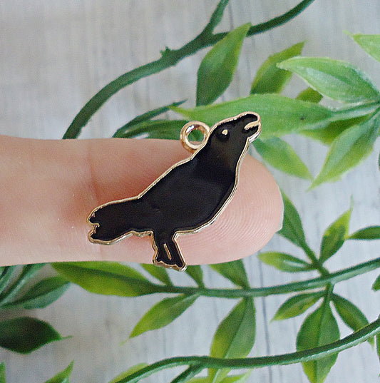 Black Crow / Raven Charms, Black Enameleing and Gold, 3/4" Tall x 7/8" Wide, Set of 10