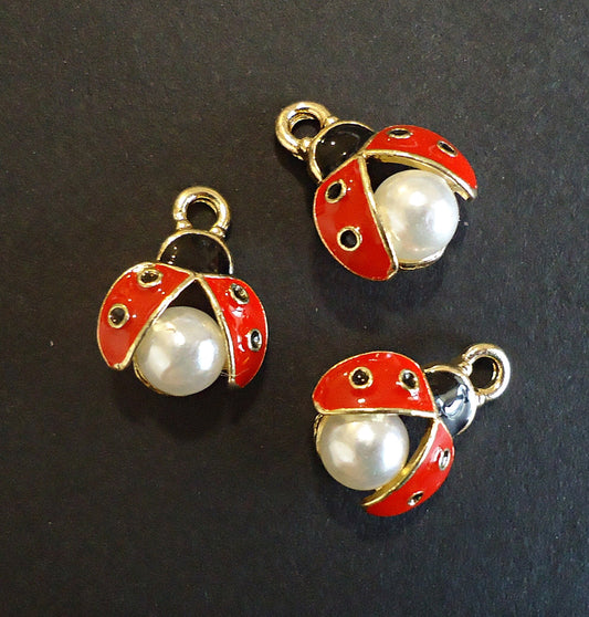 Ladybug Charms, Open Wings with White Pearl, Enameled, Gold, Red, Black, White, Set of 10