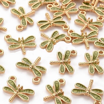 Small Dragonfly Charms, Gold and Enameled Green, 15mm, Set of 10