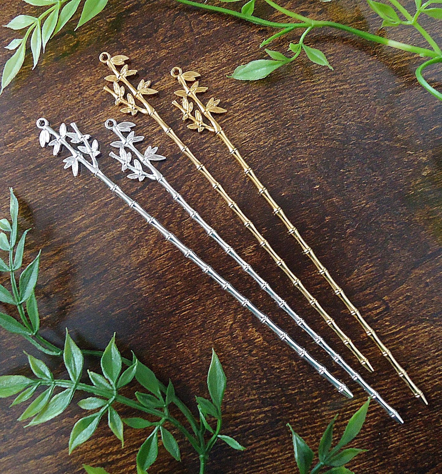 Bamboo Stem and Leaves Metal Hair Stick Blanks, 5.5 Inches Long, Bright Silver or Gold, Loop on Top for adding embellishments