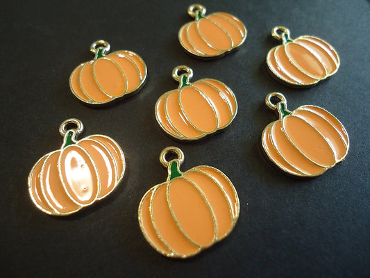 Small Pumpkin Charms, Orange Enamel and Gold Plating, Set of 10