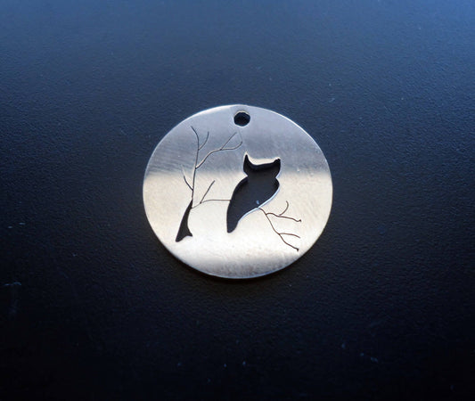 Stainless Steel Owl on Tree Branch Charm Pendant - Laser-cut - 20mm wide